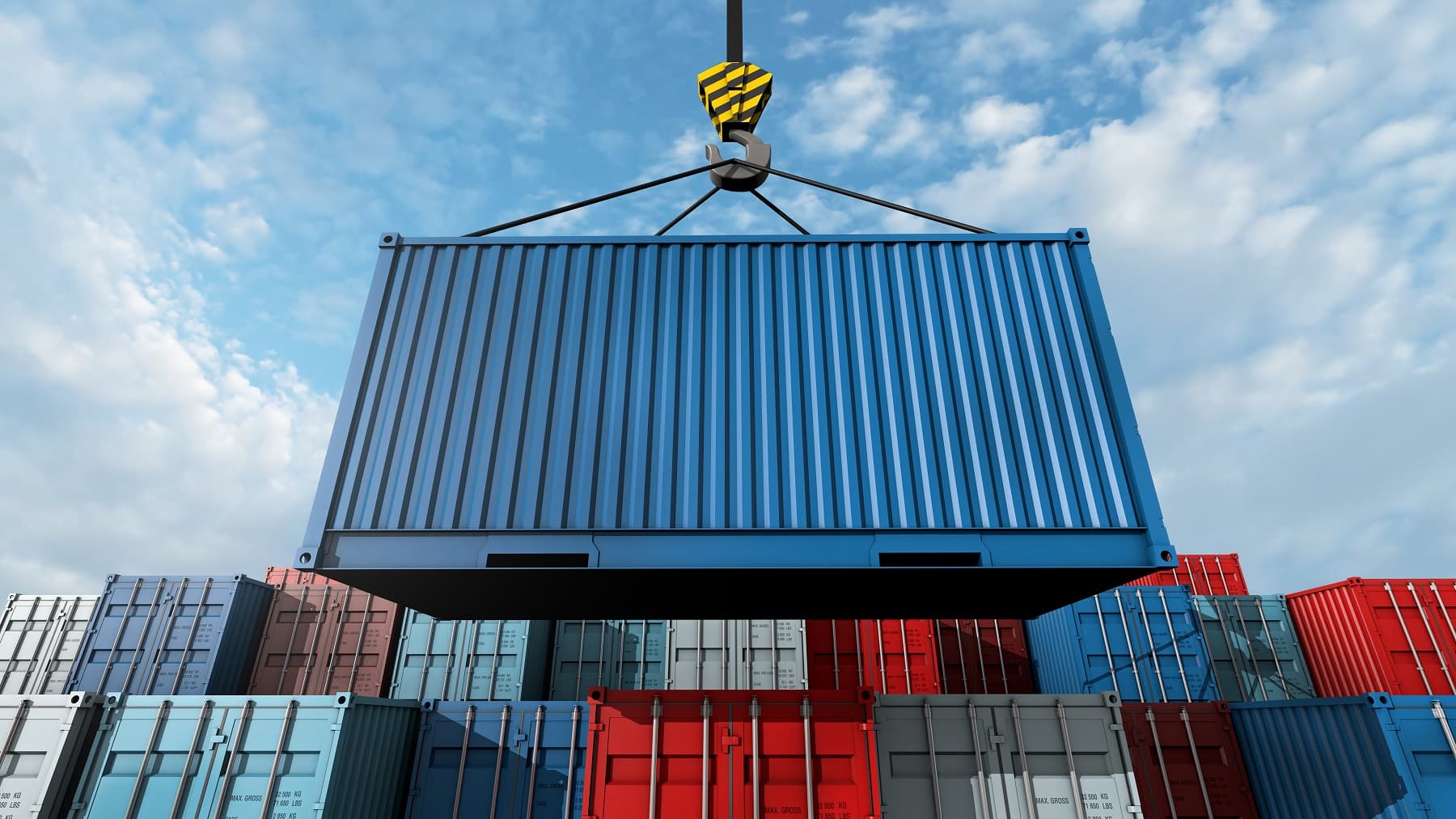 Crane hook with a cargo blue container for text, 3d rendering